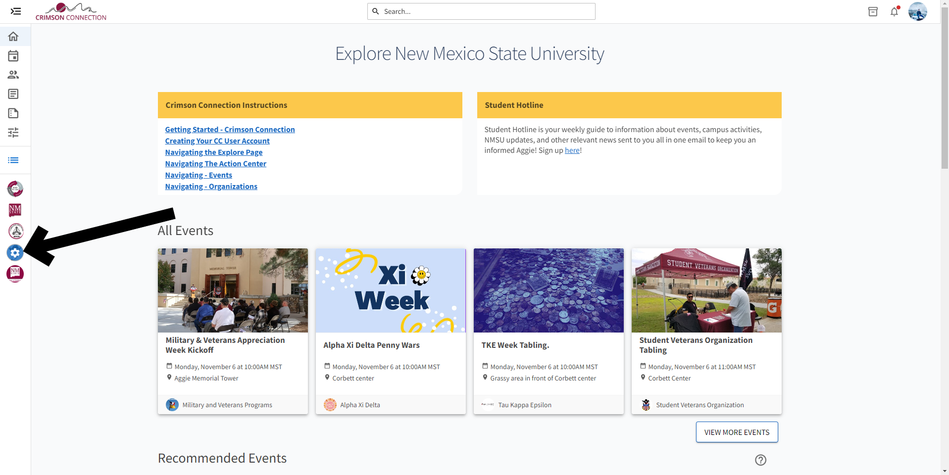 Screenshot of the New Mexico State University event page, showing "Crimson Connection Instructions" and a "Student Hotline." Below are event cards, including "Military & Veterans Appreciation," and others.