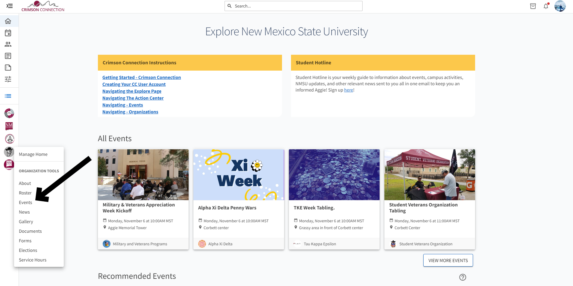 Screenshot of New Mexico State University event page. Includes a menu with a black arrow pointing to 'Roster' and upcoming events in card format.