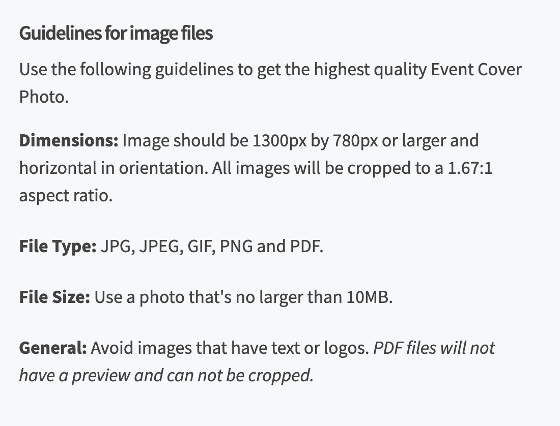 Image displaying guidelines for optimal event cover photos, specifying dimensions (1300x780px), file type (JPG, PNG, etc.), and file size (max 10MB).