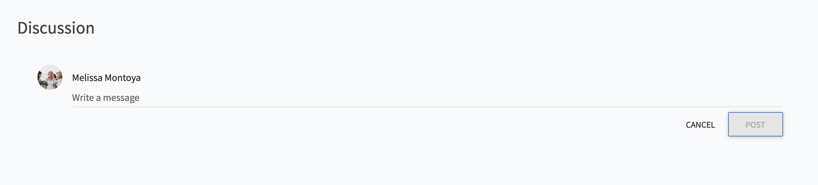 An online discussion interface shows a circular profile icon with a "Write a message" prompt next to it. "Cancel" and "Post" buttons are on the right.