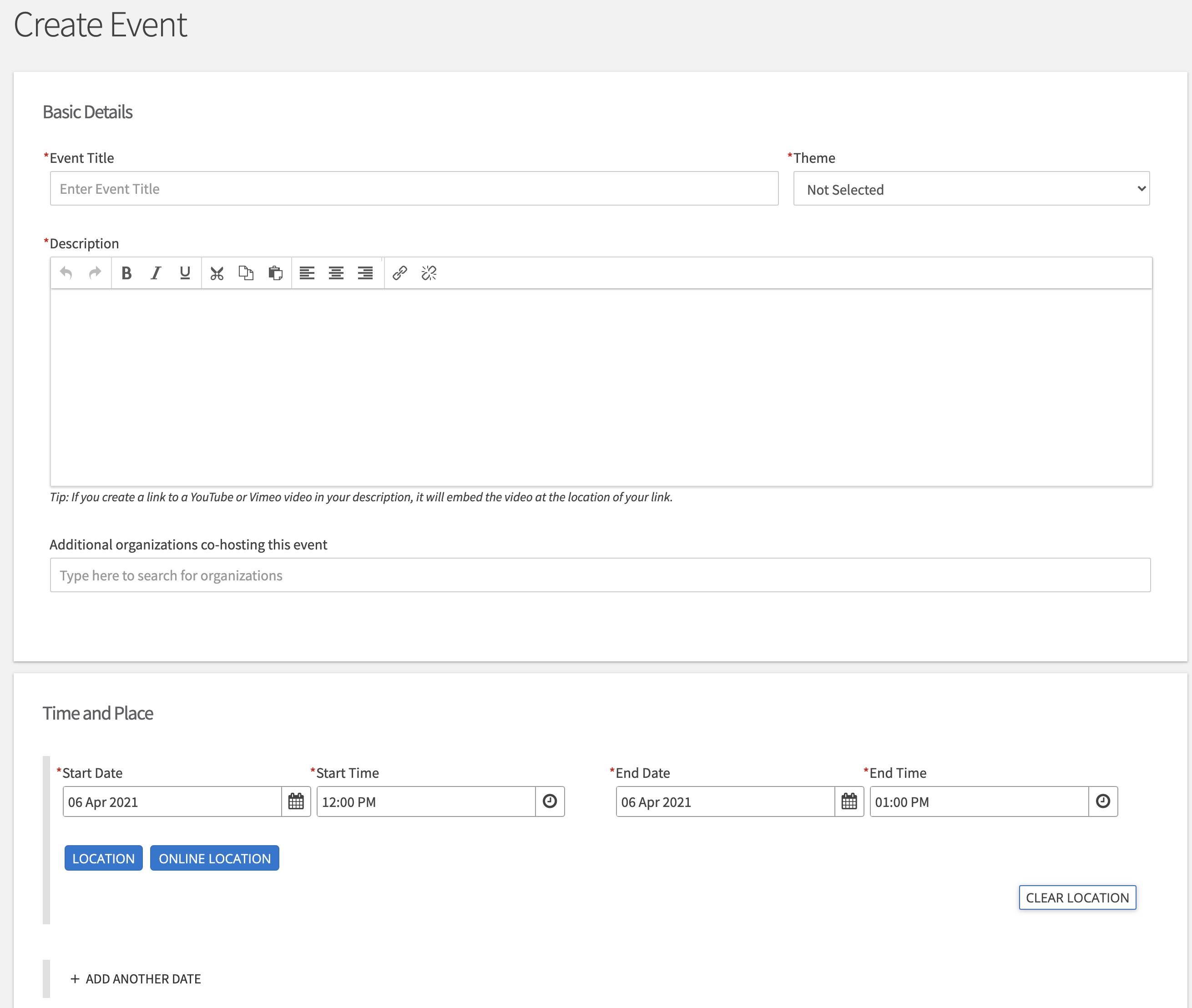 Screenshot of an event creation webpage. Includes fields for event title, description, theme, date, time, location, and co-host organizations.