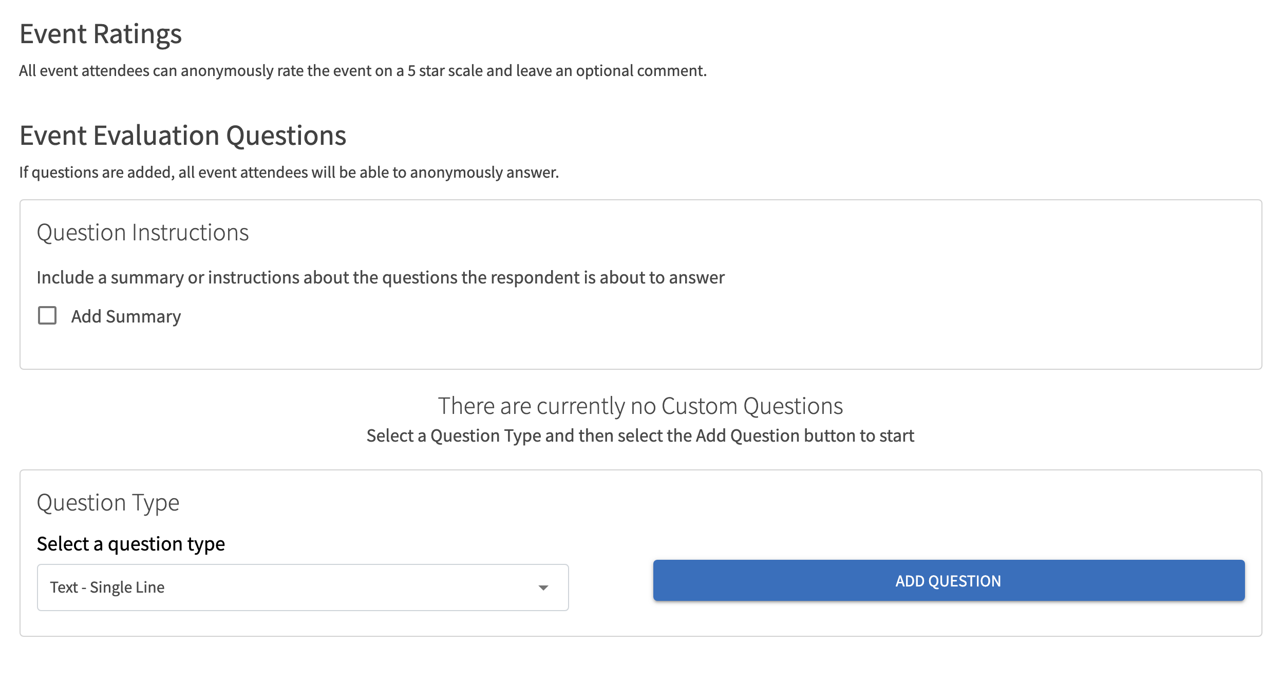 Screenshot of an event rating and evaluation form interface, showcasing options for attendees to rate events and add custom questions.