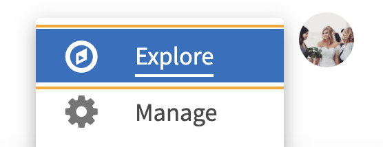 User interface element featuring a navigation panel with "Explore" and "Manage" options, accompanied by a profile image of a bride surrounded by friends.