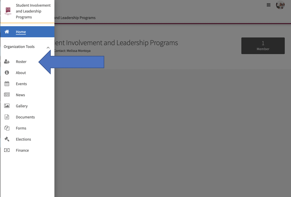 Interface for Student Involvement and Leadership Programs, highlighting the navigation menu with the "Roster" option selected.