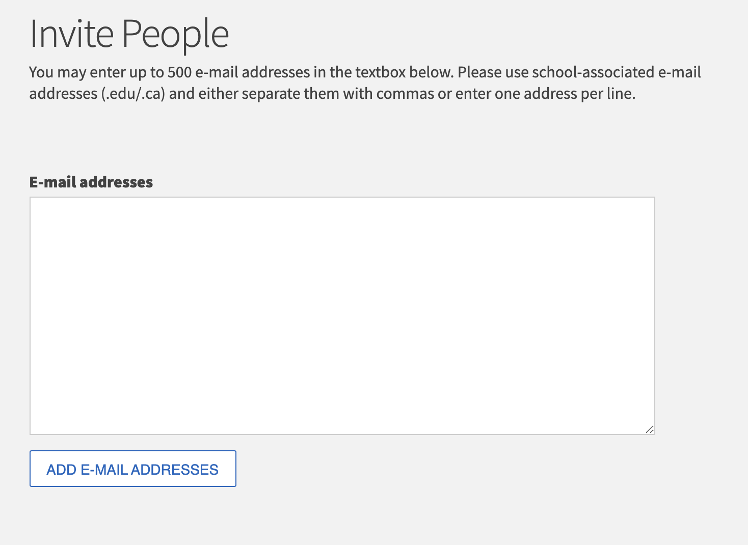 Screenshot of an invitation form prompting users to enter up to 500 school-associated email addresses.