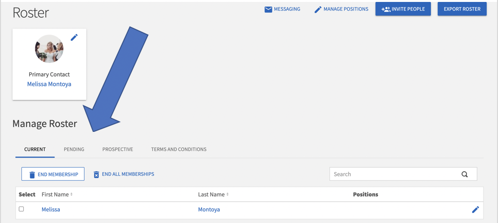 Screenshot of the "Manage Roster" section of a membership platform, highlighting the current user, Melissa Montoya, and options for managing memberships.