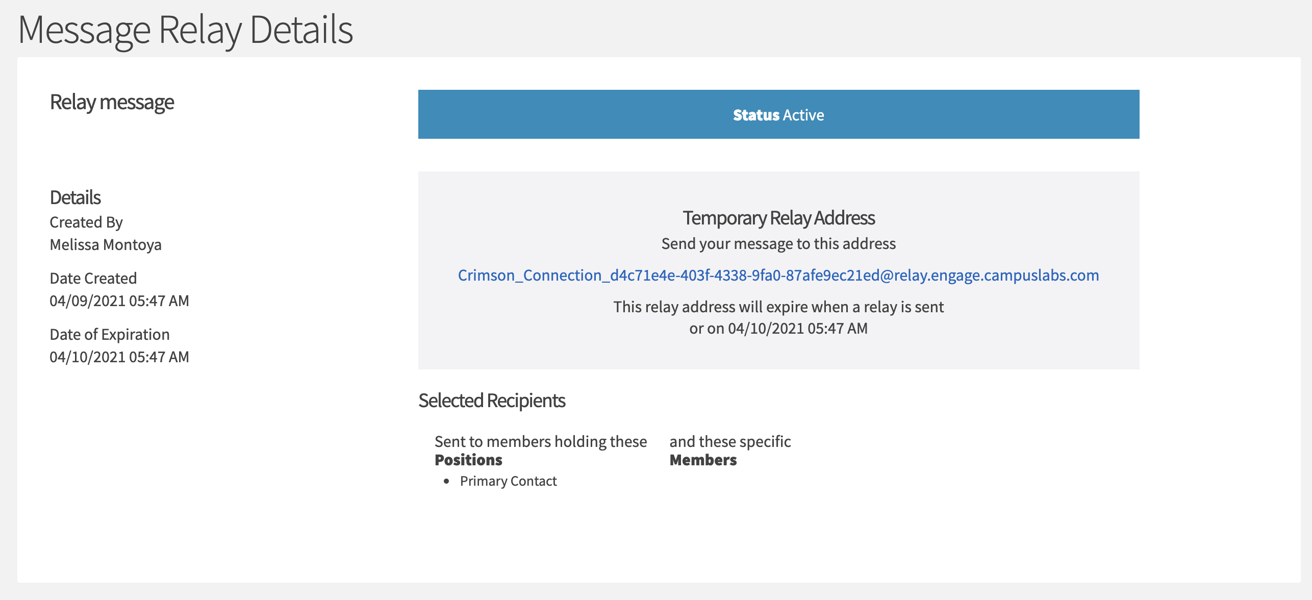 Interface of a message relay details interface showing the status, sender information, temporary relay address, expiration date, and selected recipients.