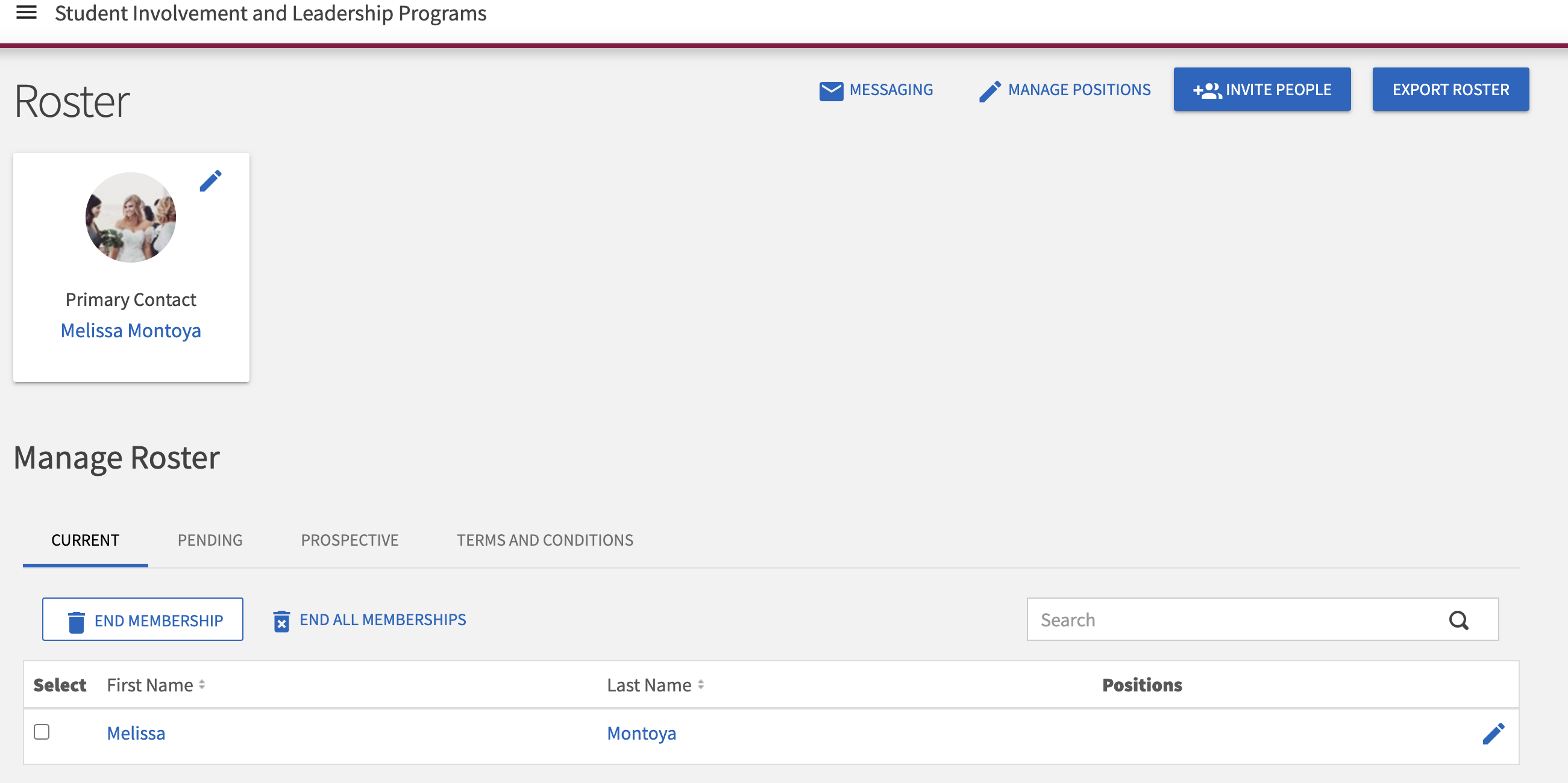 Student Involvement and Leadership Programs roster management interface.