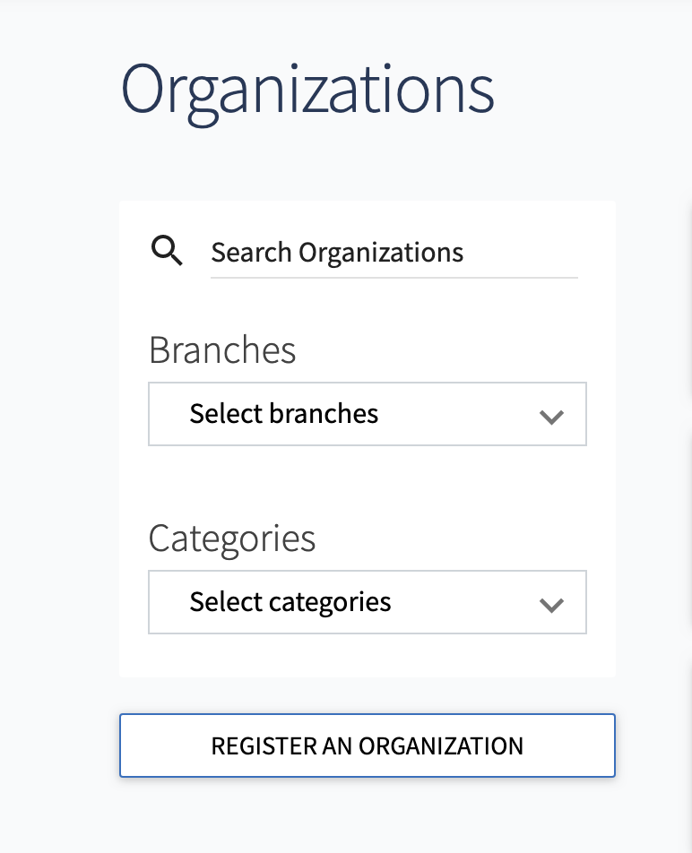 User interface design for an organizations registration form, featuring search and selection options for branches and categories.